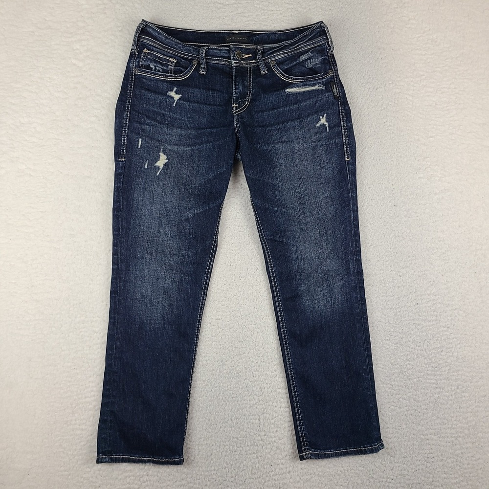 Silver Jeans Womens 28x22.5 Blue Suki Capri Distress Dark Wash Denim